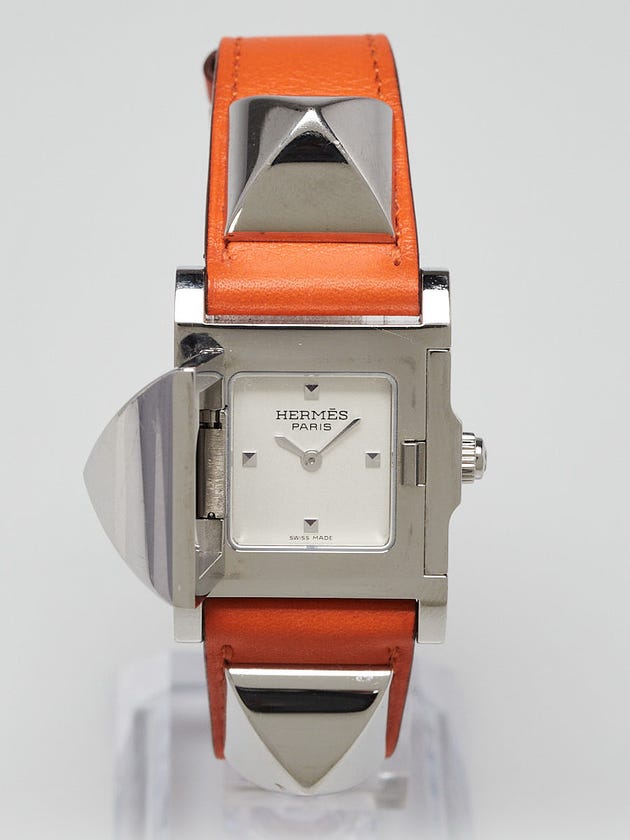 Hermes Orange Swift Leather Palladium Plated Medor Studded Quartz Watch