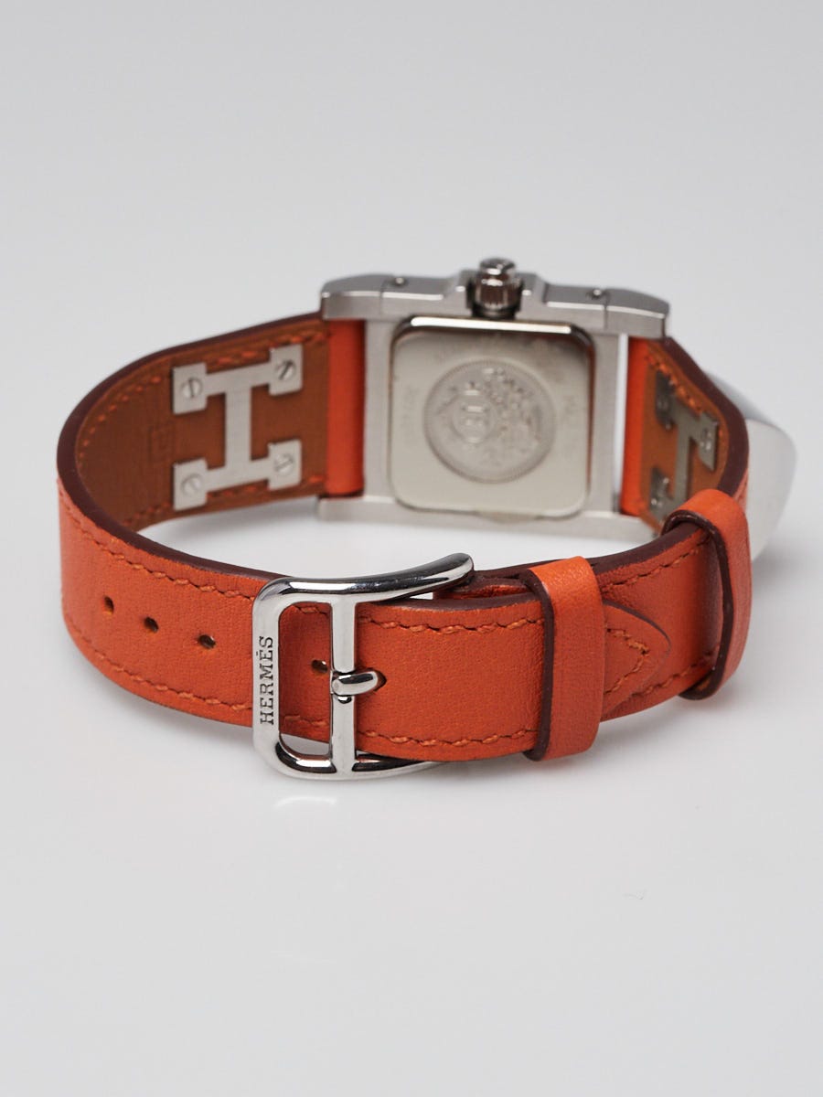 Hermes Orange Swift Leather Palladium Plated Medor Studded Quartz