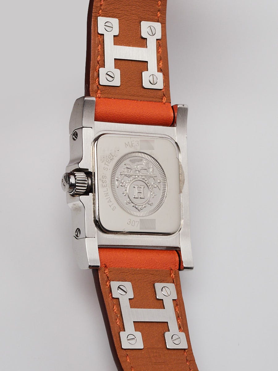 Hermes Orange Swift Leather Palladium Plated Medor Studded Quartz