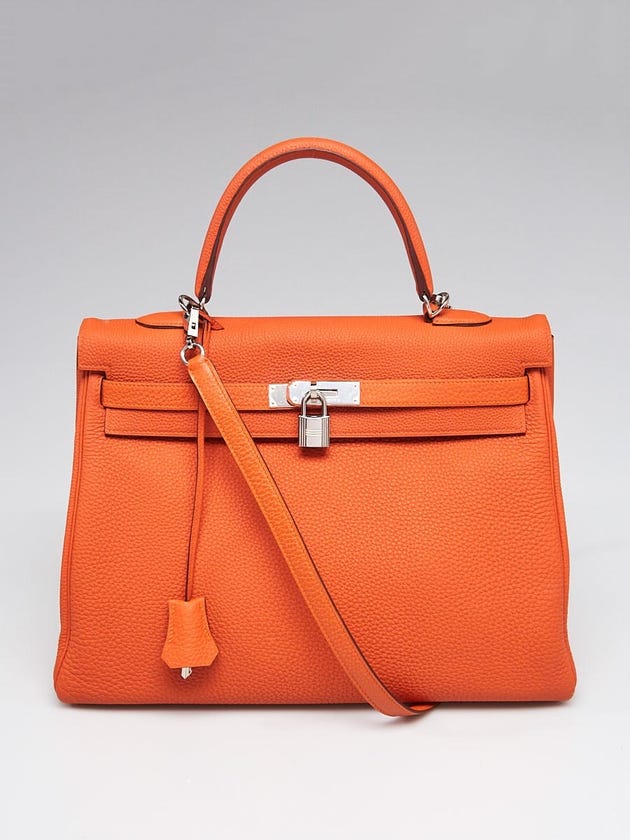 Hermes 35cm Orange Clemence Leather Palladium Plated Kelly Retourne Bag