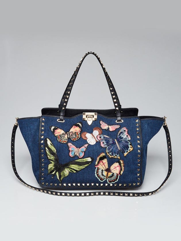Valentino Denim Butterfly Rockstud Medium Tote Bag