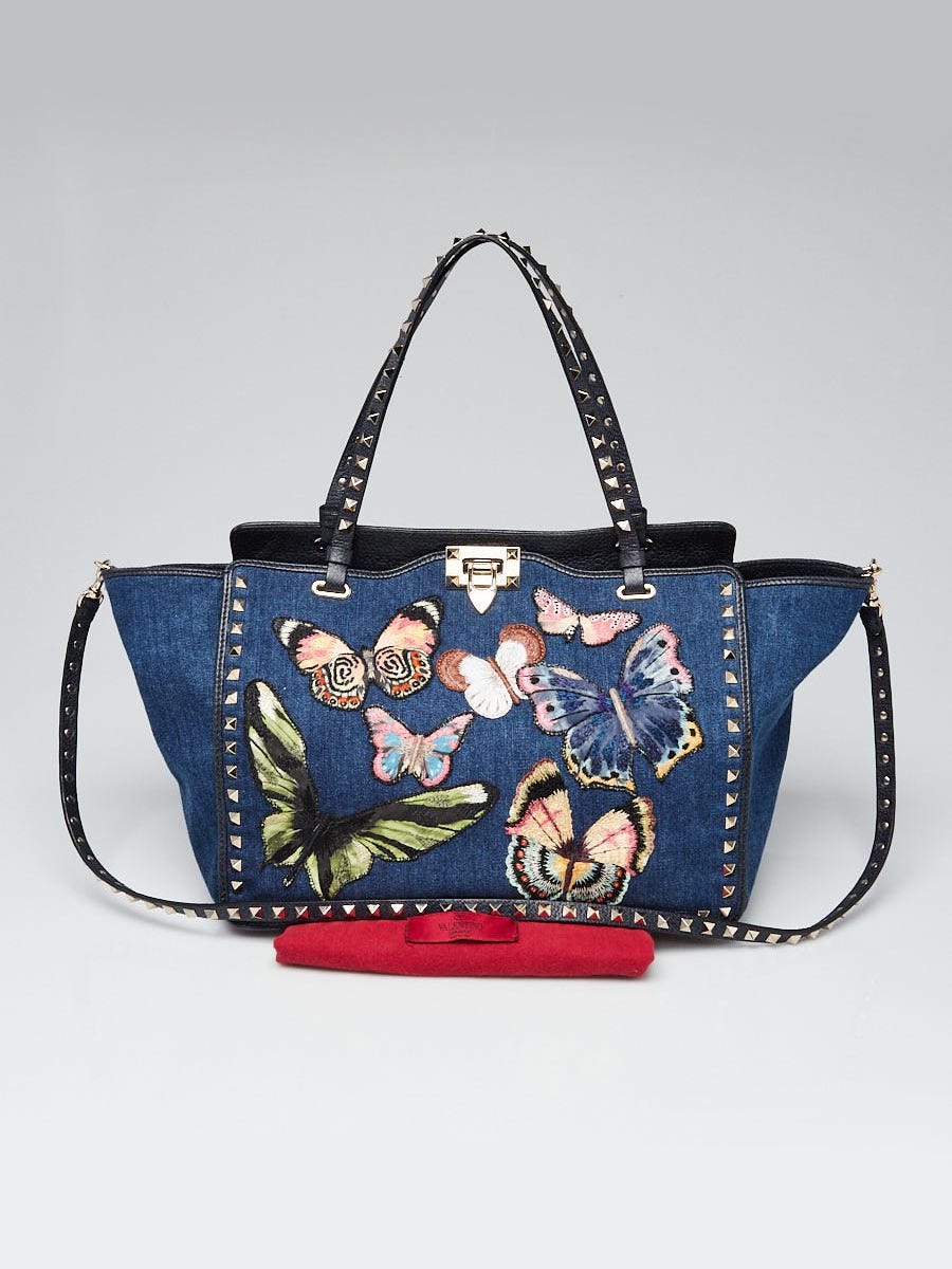 Valentino Blue Denim and Leather Butterfly Embroidered Backpack Valentino