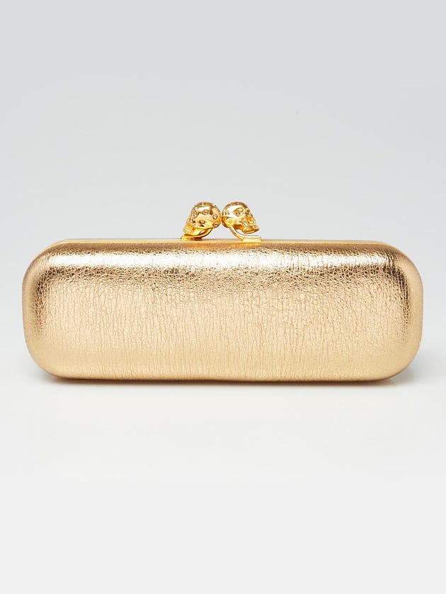 Alexander McQueen Gold Textured Leather Double Skull Box Clutch Bag