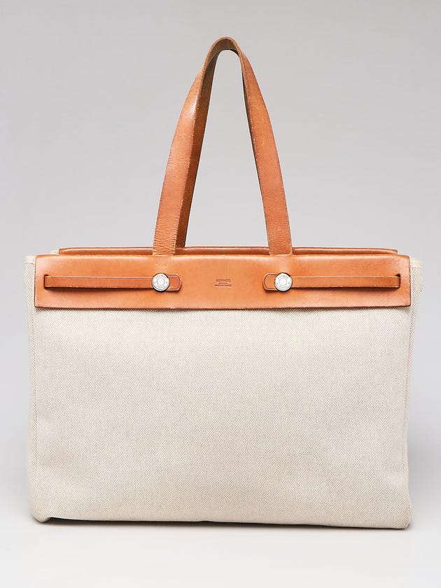 Hermes 40cm Natural Toile and Vache Calfskin Leather Herbag Cabas MM 2-in-1 Tote Bag
