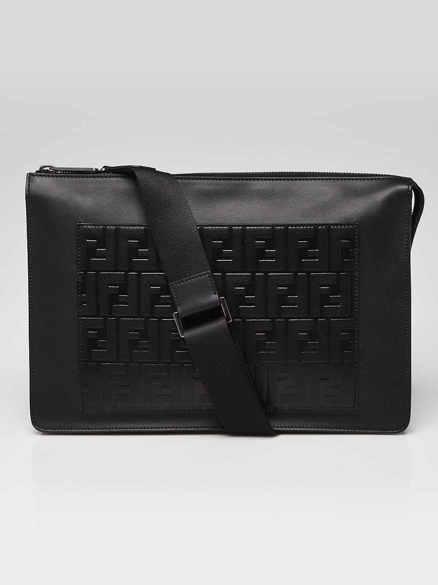 Fendi Black Embossed Leather Flat Messenger Bag - 7VA429