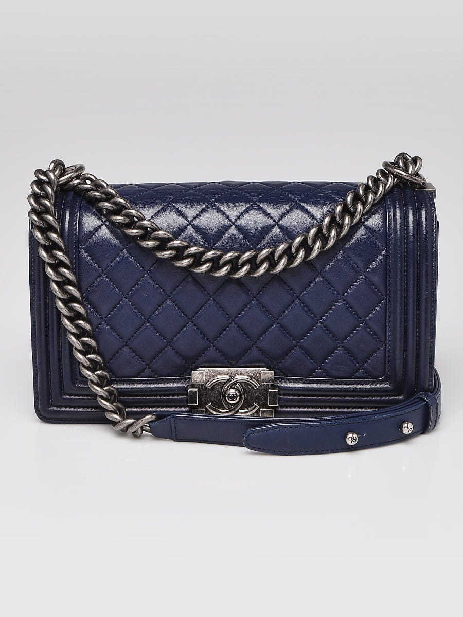 Chanel Blue Quilted Lambskin Leather Medium Boy Bag - Yoogi's Closet