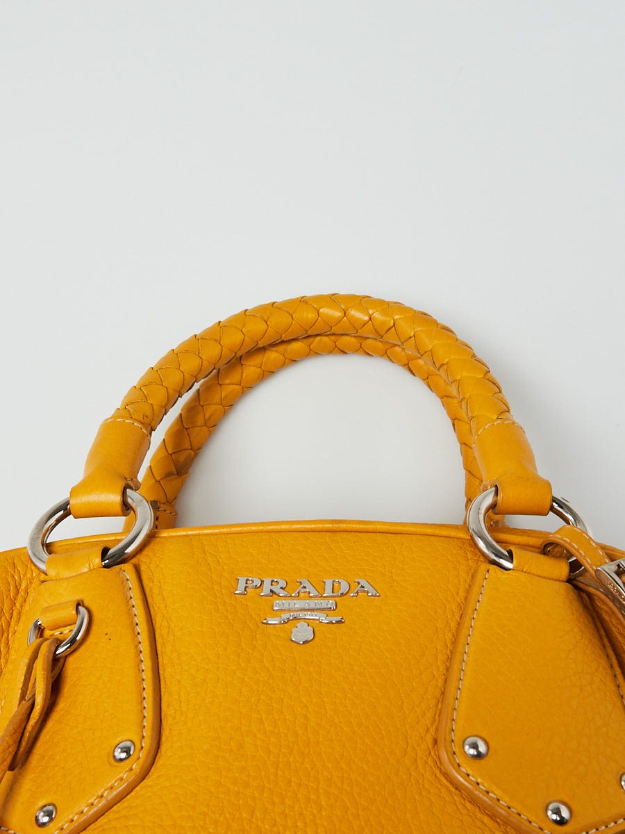 Prada Yellow Vitello Daino Leather Bauletto Bowler Bag - Yoogi's