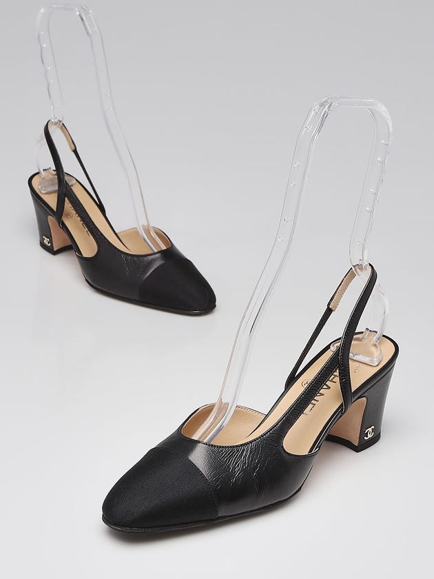 Chanel Black Leather Cap Toe Sling Back Heels Size 6.5/37