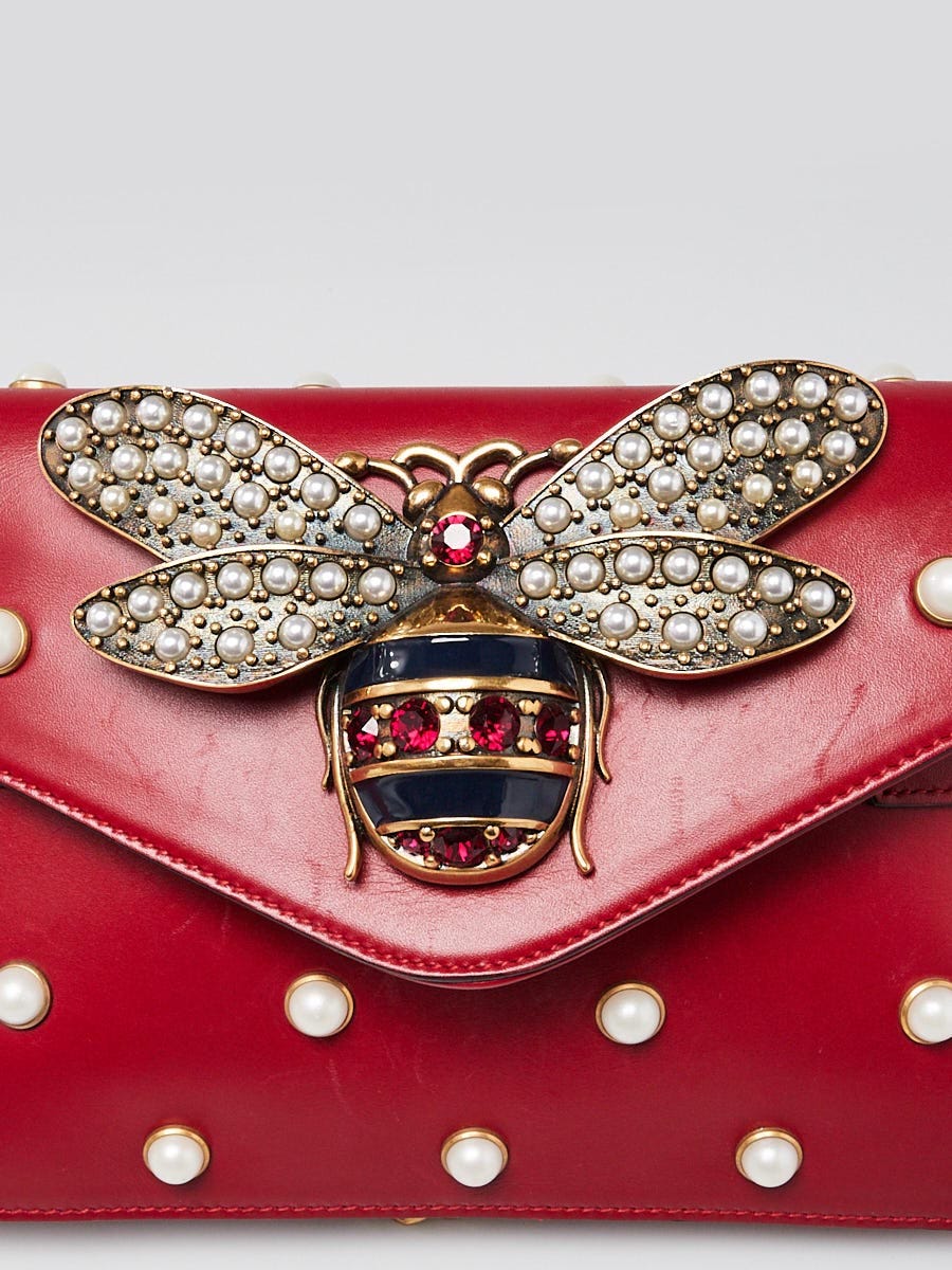 Gucci Calfskin Pearl Bee Broadway Mini Shoulder Bag (SHF-23779)