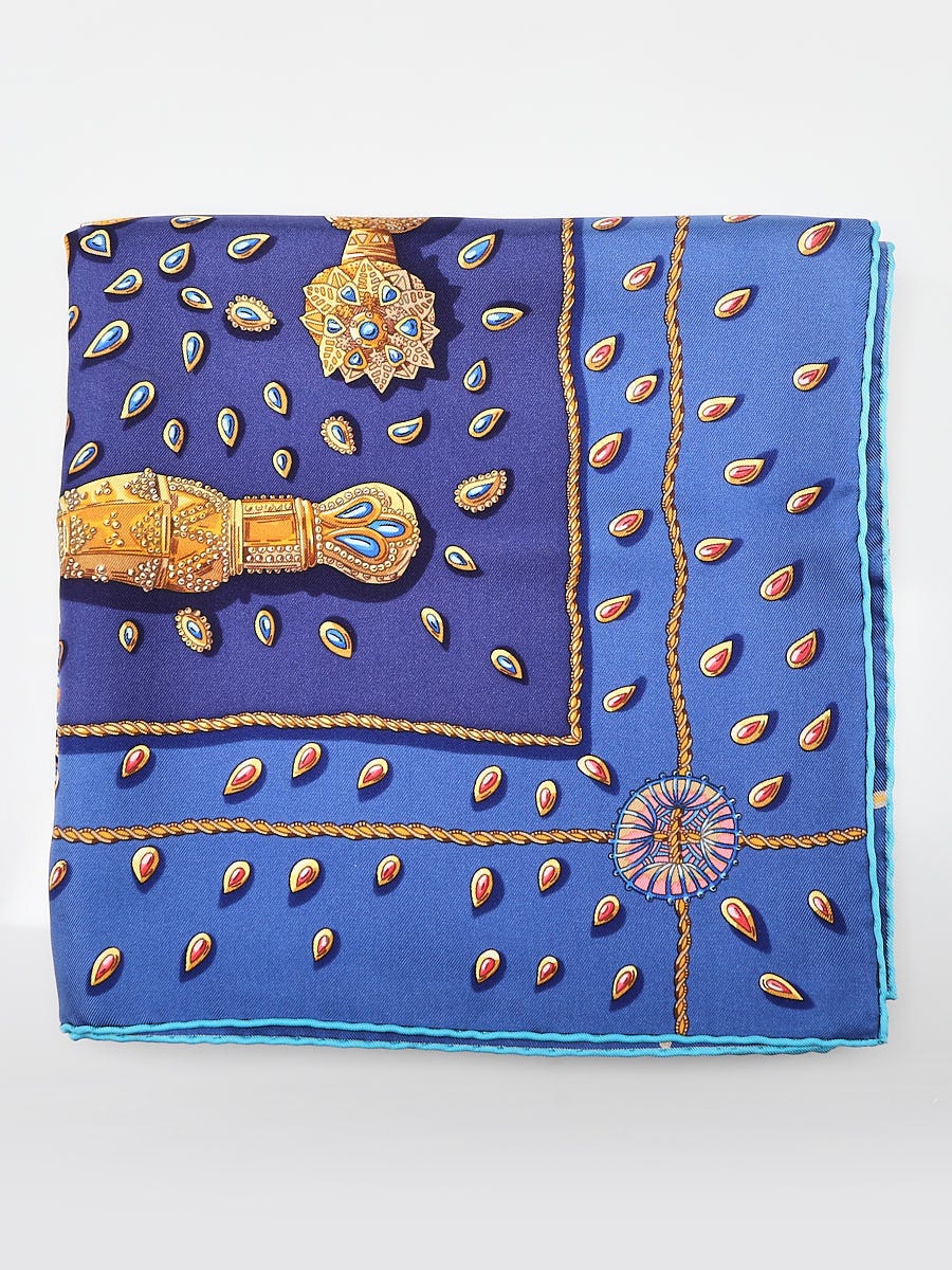 Hermes Blue/Gold Silk Graphic Print Square Scarf | Yoogi's Closet