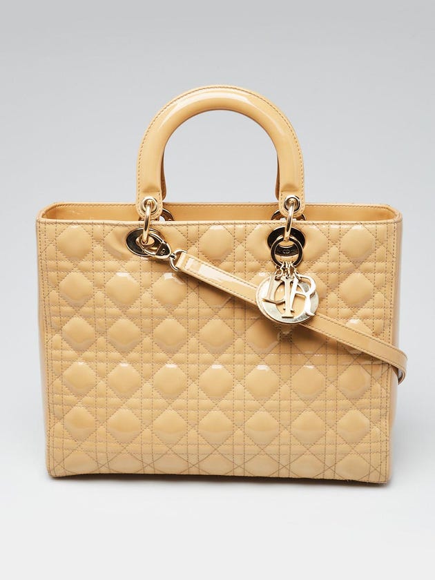 Christian Dior Beige Cannage Quilted Patent Leather Large Lady Dior Bag