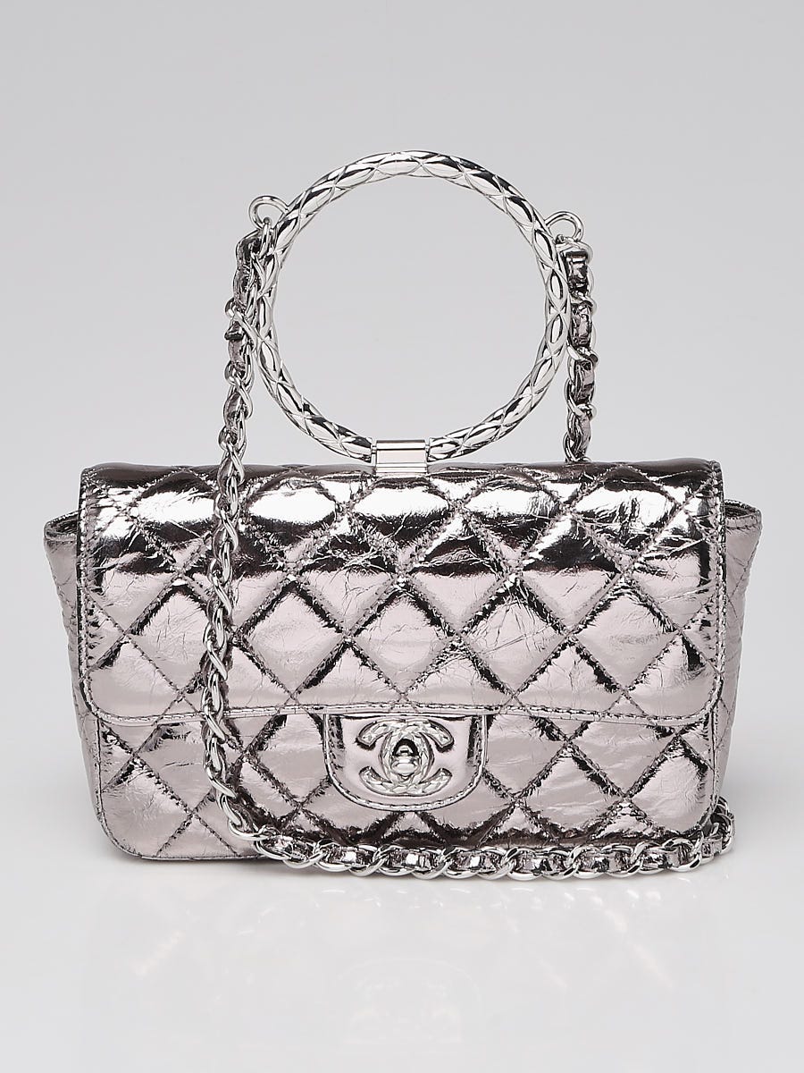 Chanel Silver Quilted Metallic Calfskin Leather Mini Top Handle 