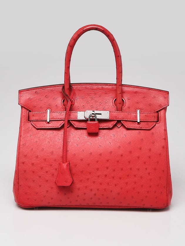 Hermes 30cm Rouge Vif Ostrich Palladium Plated Birkin Bag