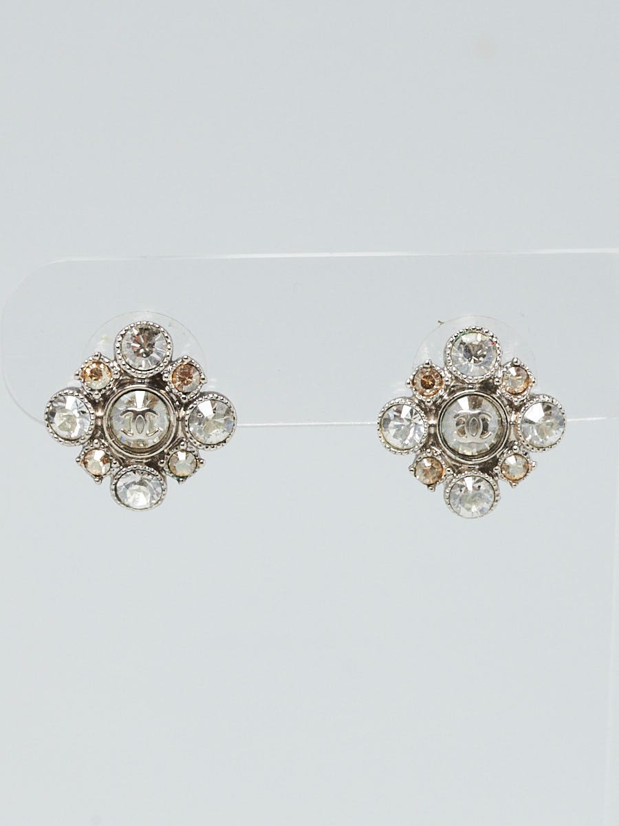 Chanel Silvertone Metal Crystal Round CC Stud Earrings