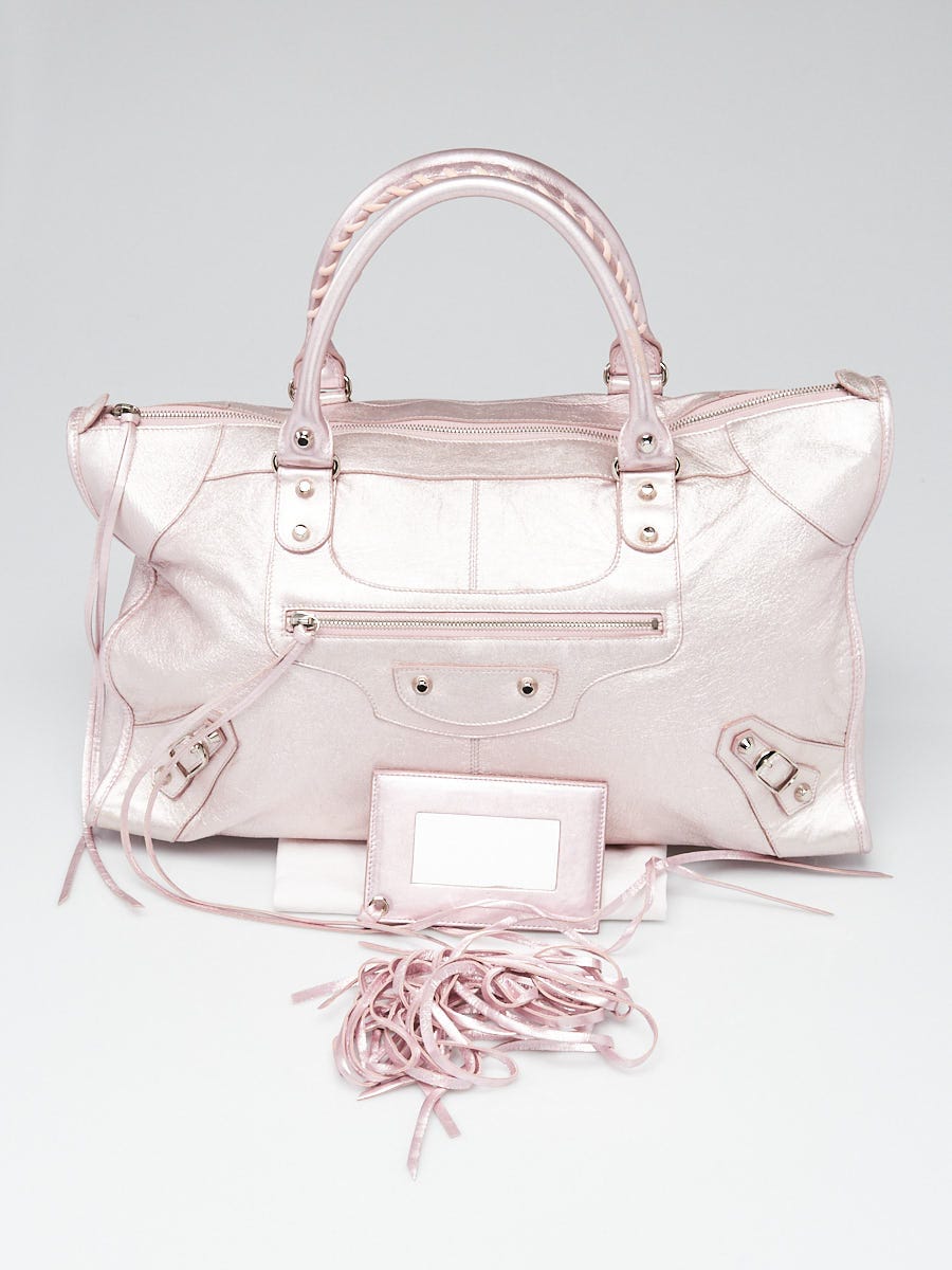 Balenciaga Sparkle Pale Rose Metallic Lambskin Leather Giant 12 Silver Work Bag Yoogi s Closet