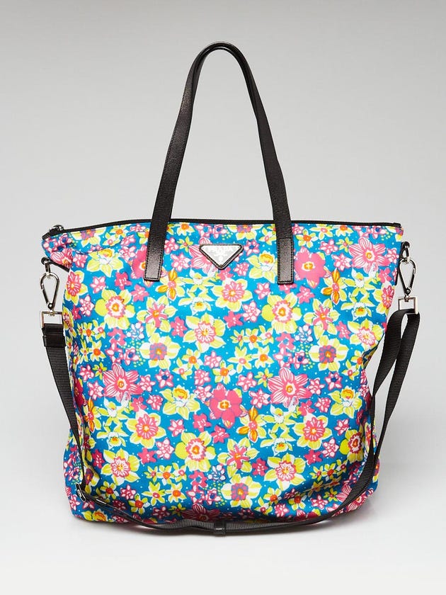 Prada Multicolor Nylon Floral Print Shopping Zip Tote Bag
