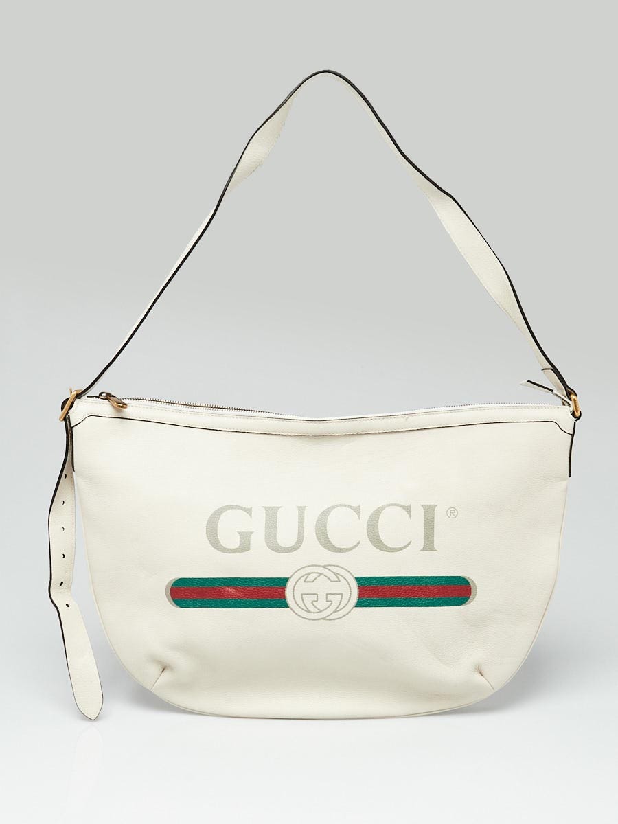 Gucci White Pebbled Leather Logo Print Half Moon Hobo Bag - Yoogi's Closet