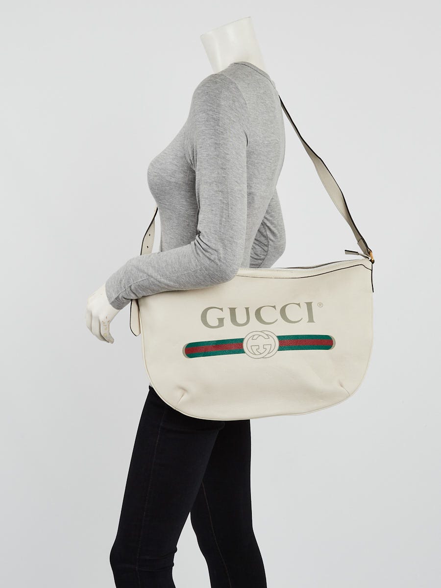 Gucci White Pebbled Leather Logo Print Half Moon Hobo Bag - Yoogi's Closet