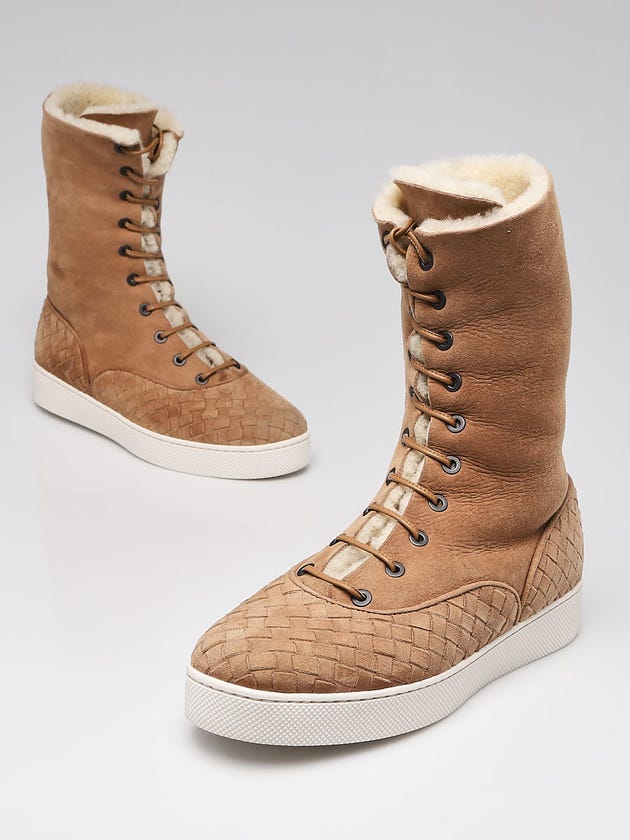 Bottega Veneta Beige Intrecciato Woven Suede and Shearling Mid Calf Boots Size 7/37.5