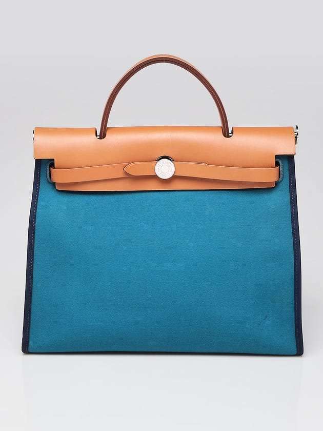 Hermes Bleu Izmir Canvas and Natural Calfskin Leather Herbag Zip PM Bag