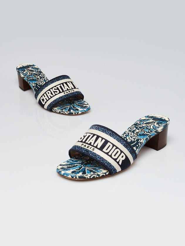 Christian Dior Indigo Blue Embroidered Cotton Palm Print Dway Slide Sandals Size 5.5/36