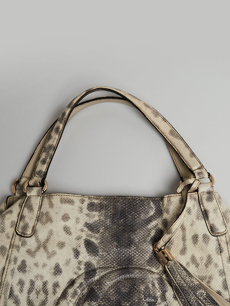 Gucci White/Grey Lizard Embossed Leather Medium Soho Tote Bag