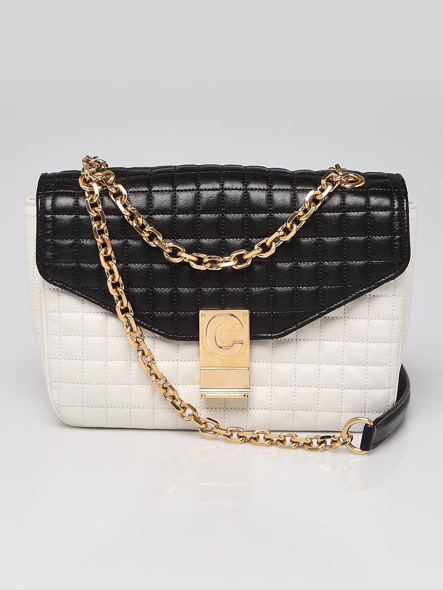 Celine Black/White Quilted Leather Medium C Flap Bag - Yoogi's Closet