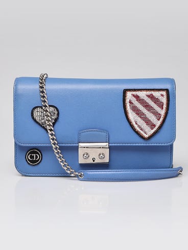 Christian Dior Blue Lambskin Leather Miss Dior Large Promenade Heart Badge Wallet on Chain Bag