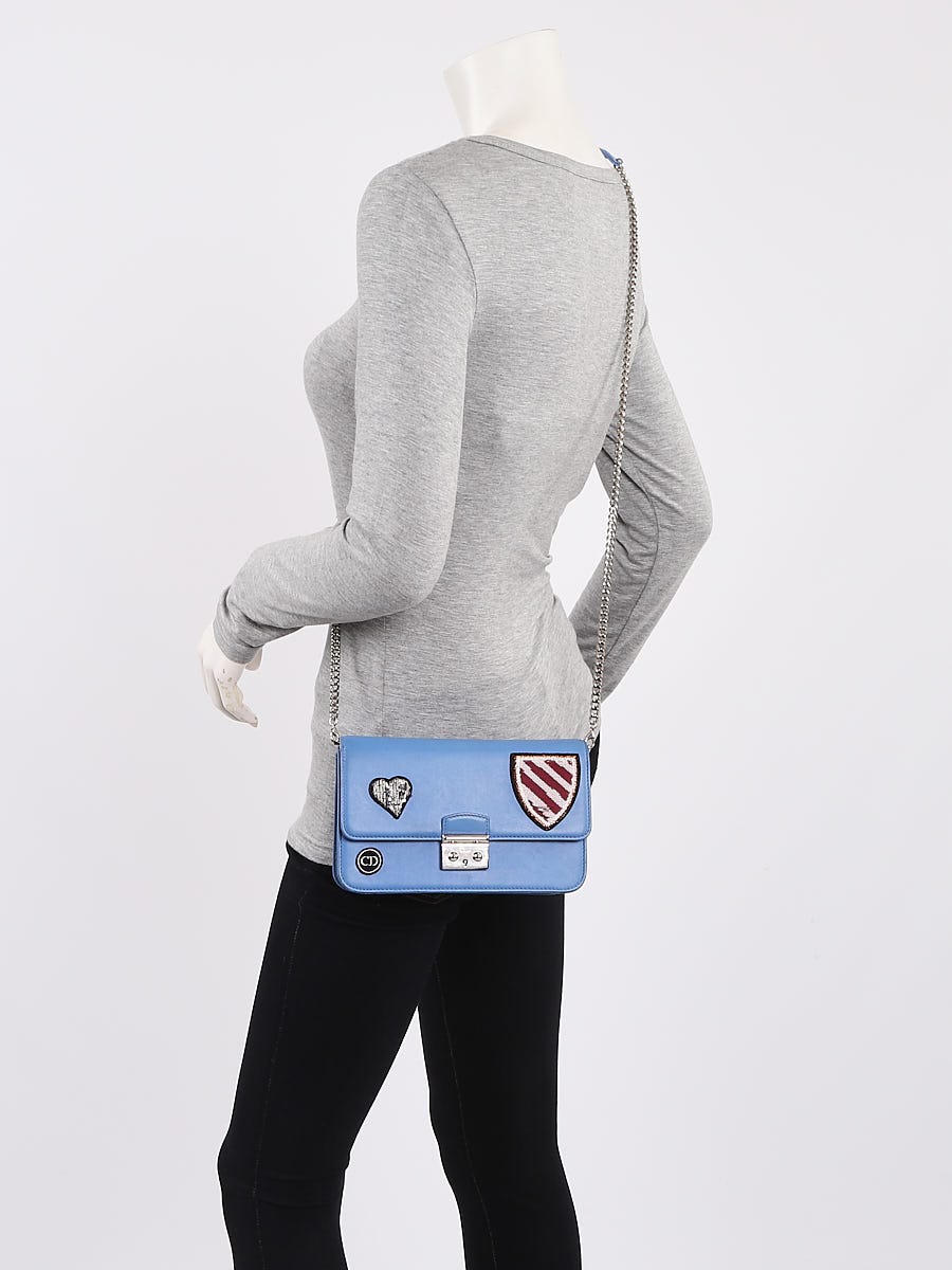 Christian Dior Blue Lambskin Leather Miss Dior Large Promenade Heart Badge Wallet on Chain Bag