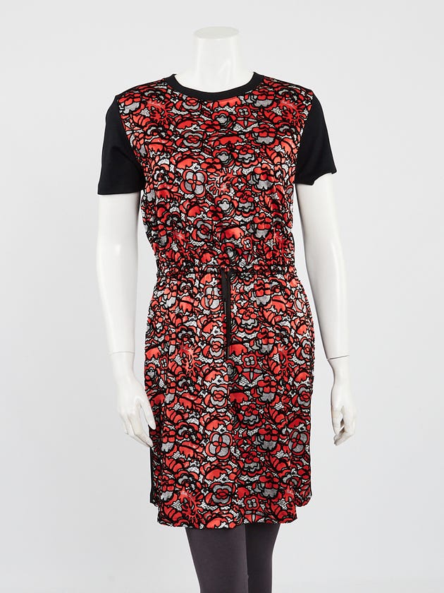 Louis Vuitton Red/Black Cotton Short Sleeve Floral Print Dress Size XS