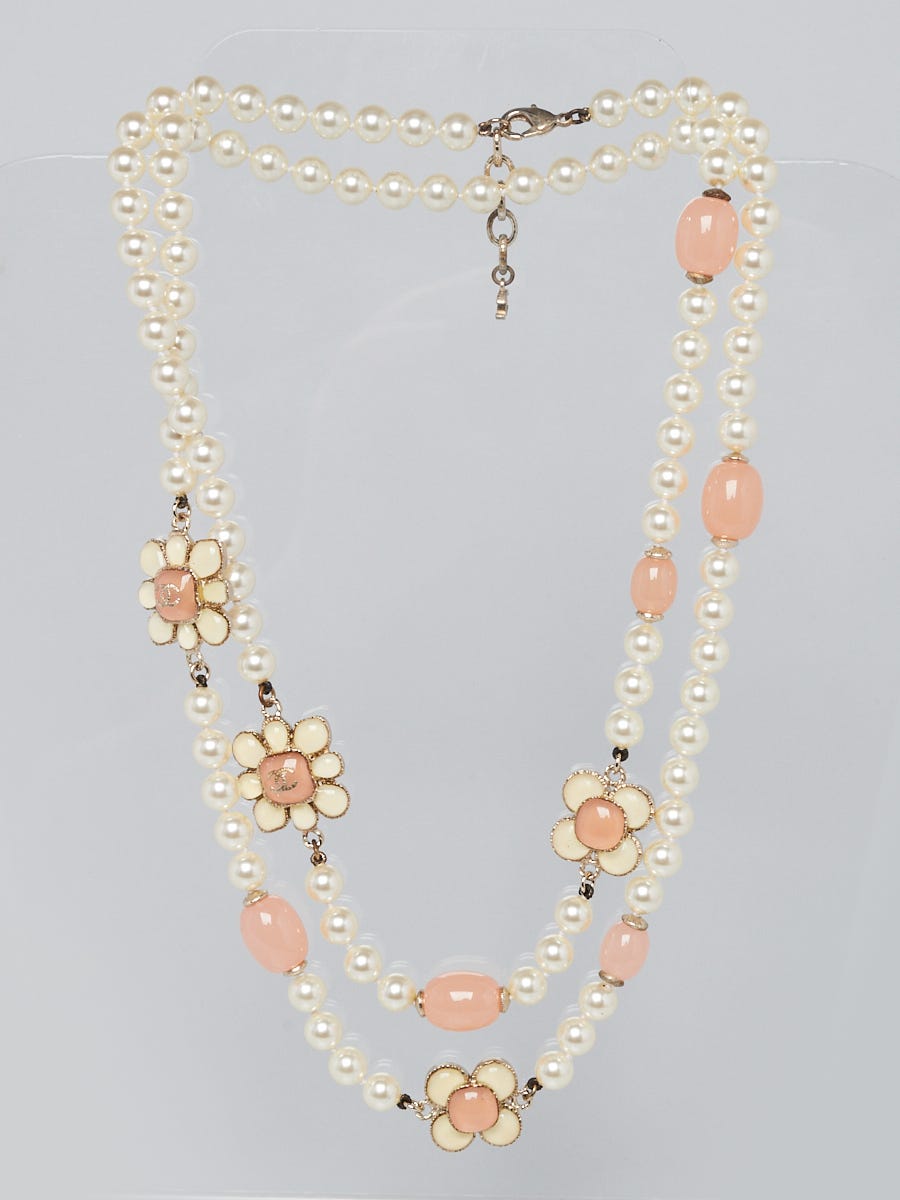 Chanel Coral Resin Beads and Glass Pearls CC Flower Long Necklace