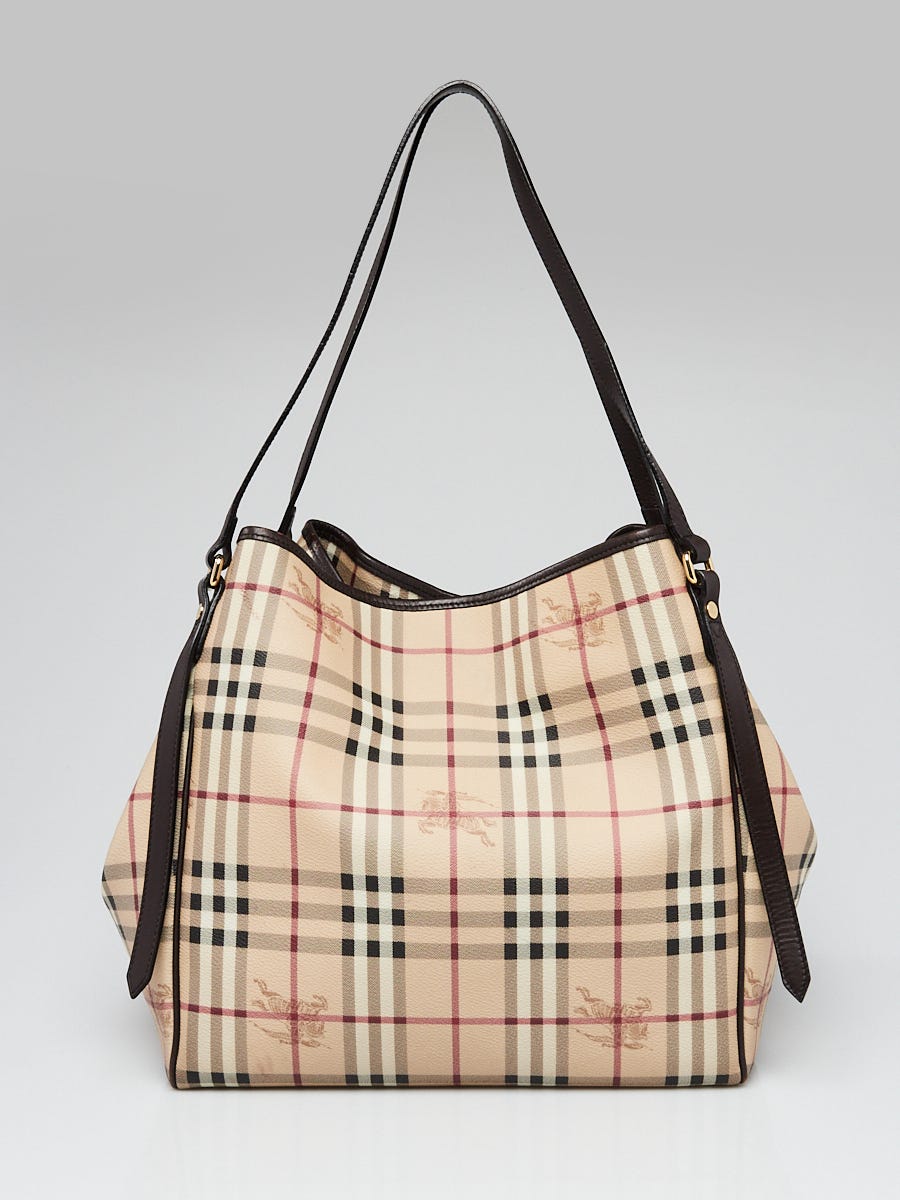 Burberry Dark Brown Leather Haymarket Check Coated Canvas Large Canterbury Tote  Bag - Yoogi's Closet