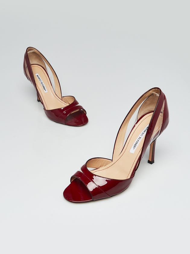 Manolo Blahnik Burgundy Red Patent Leather Nscanti Cut-Out Open Toe Pumps Size 7.5/38