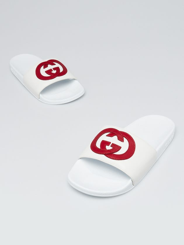 Gucci Black/White Rubber/Leather Interlocking G Pool Slides Size 6.5/37
