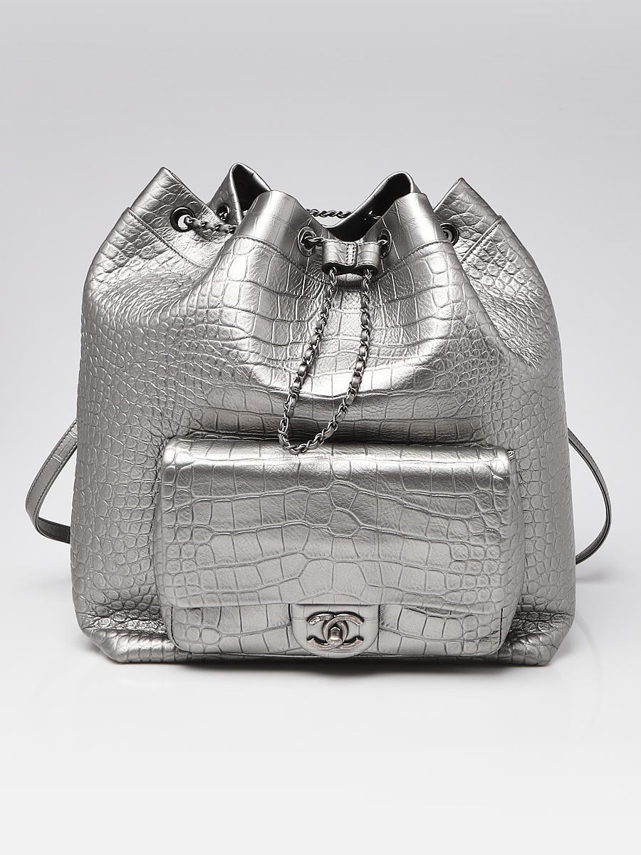 Chanel Silver Croc Embossed Leather Large Backpack Bag - Yoogi's