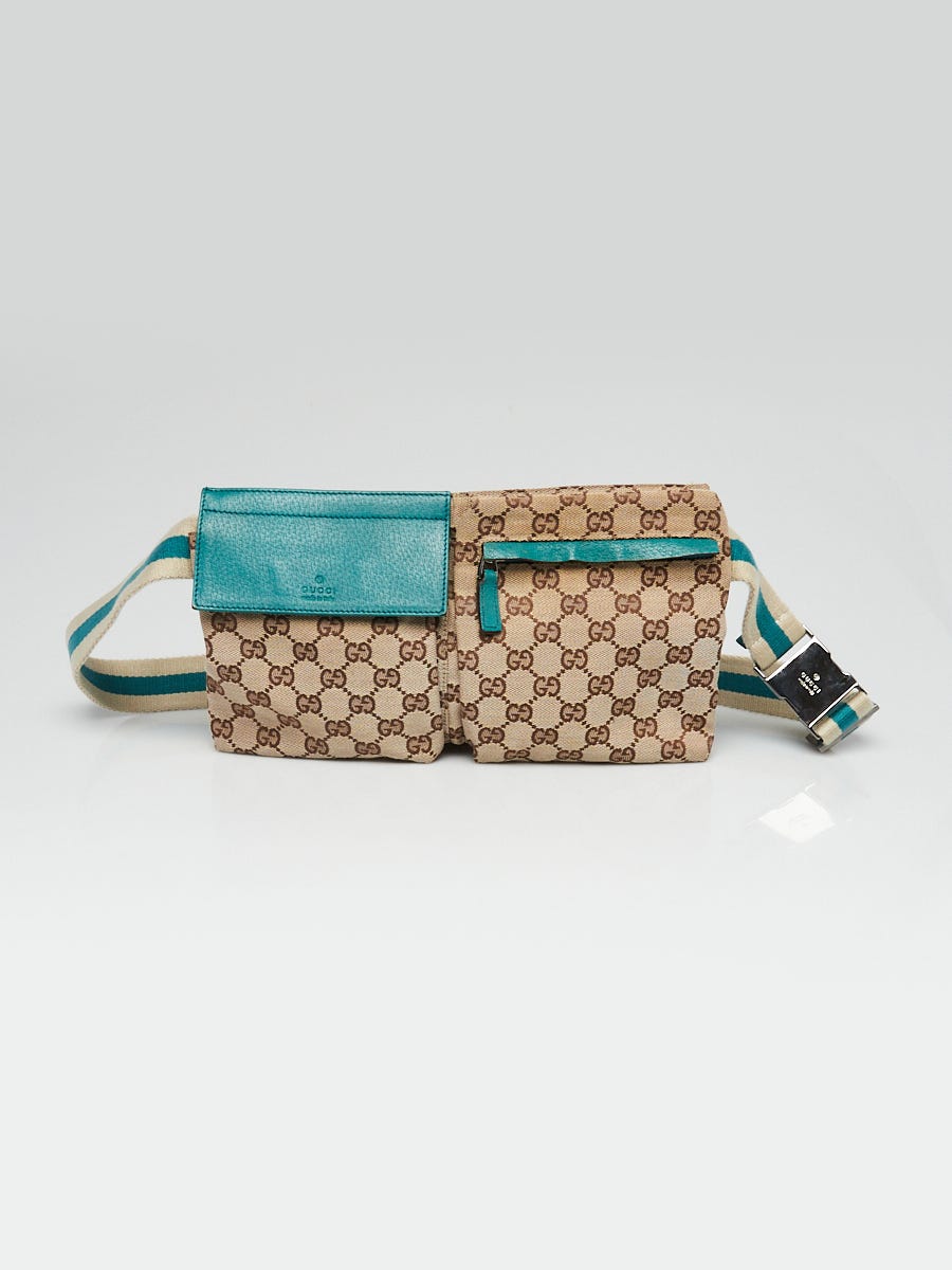 Authentic Gucci Beige GG Supreme Web Strap Double Pocket Waist Bag