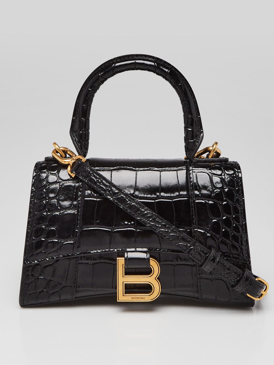 Balenciaga Black Croc Embossed Leather Hourglass XS Top Handle Bag