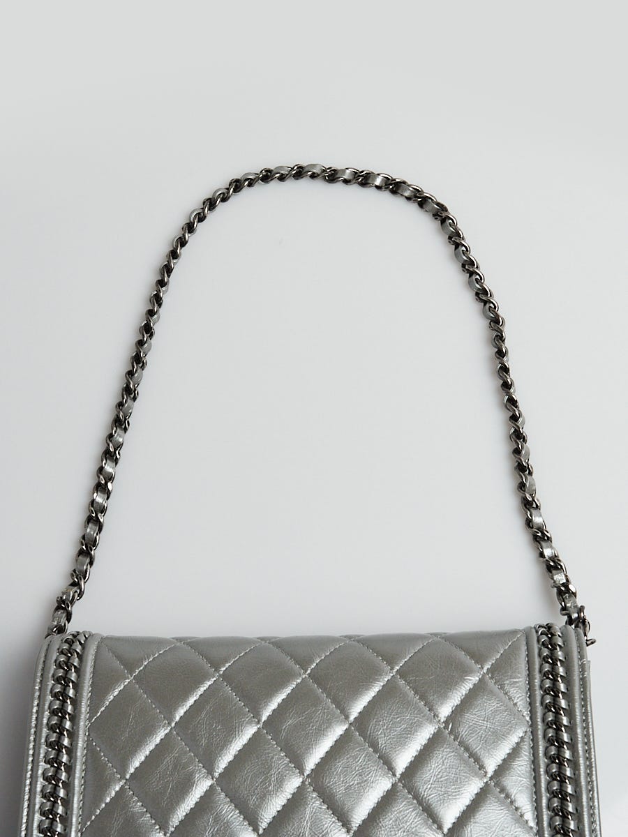 Chanel Silver Quilted Leather Chain Around Boy WOC Clutch Bag W