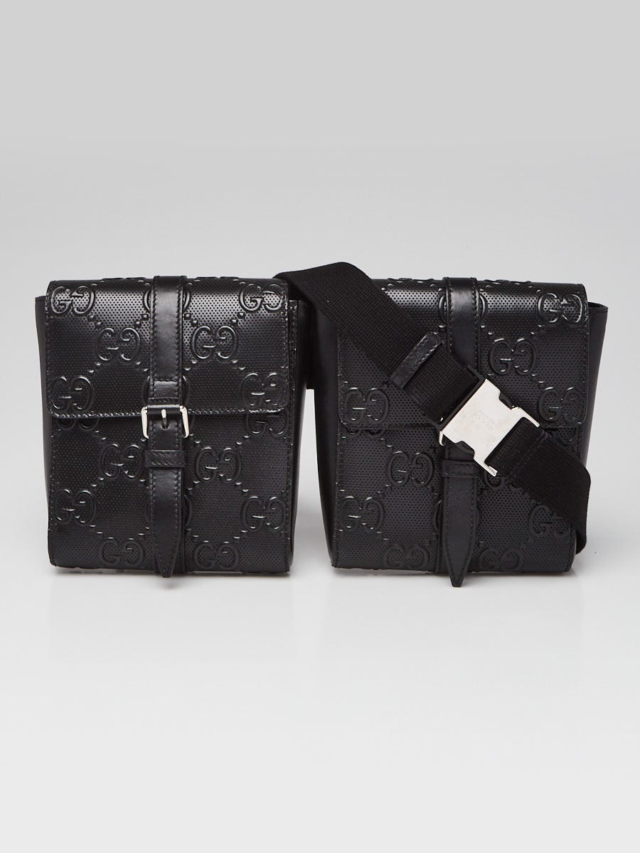 Gucci Black Embossed Perforated Leather Double Belt Bag - Yoogi's Closet