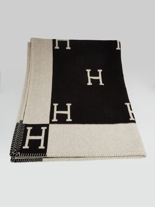 Hermes Black/Beige Merino Wool/Cashmere Avalon Throw Blanket