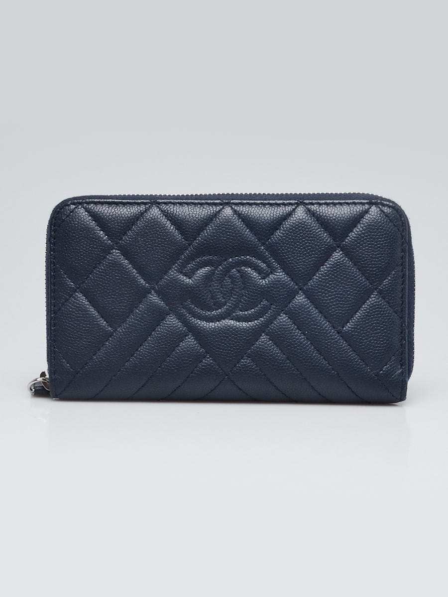 Chanel Blue Quilted Caviar Leather CC Zip Compact Wallet