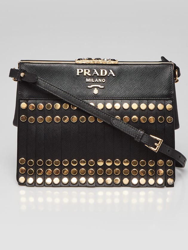 Prada Black Saffiano Lux Leather Studded Idol Shoulder Bag