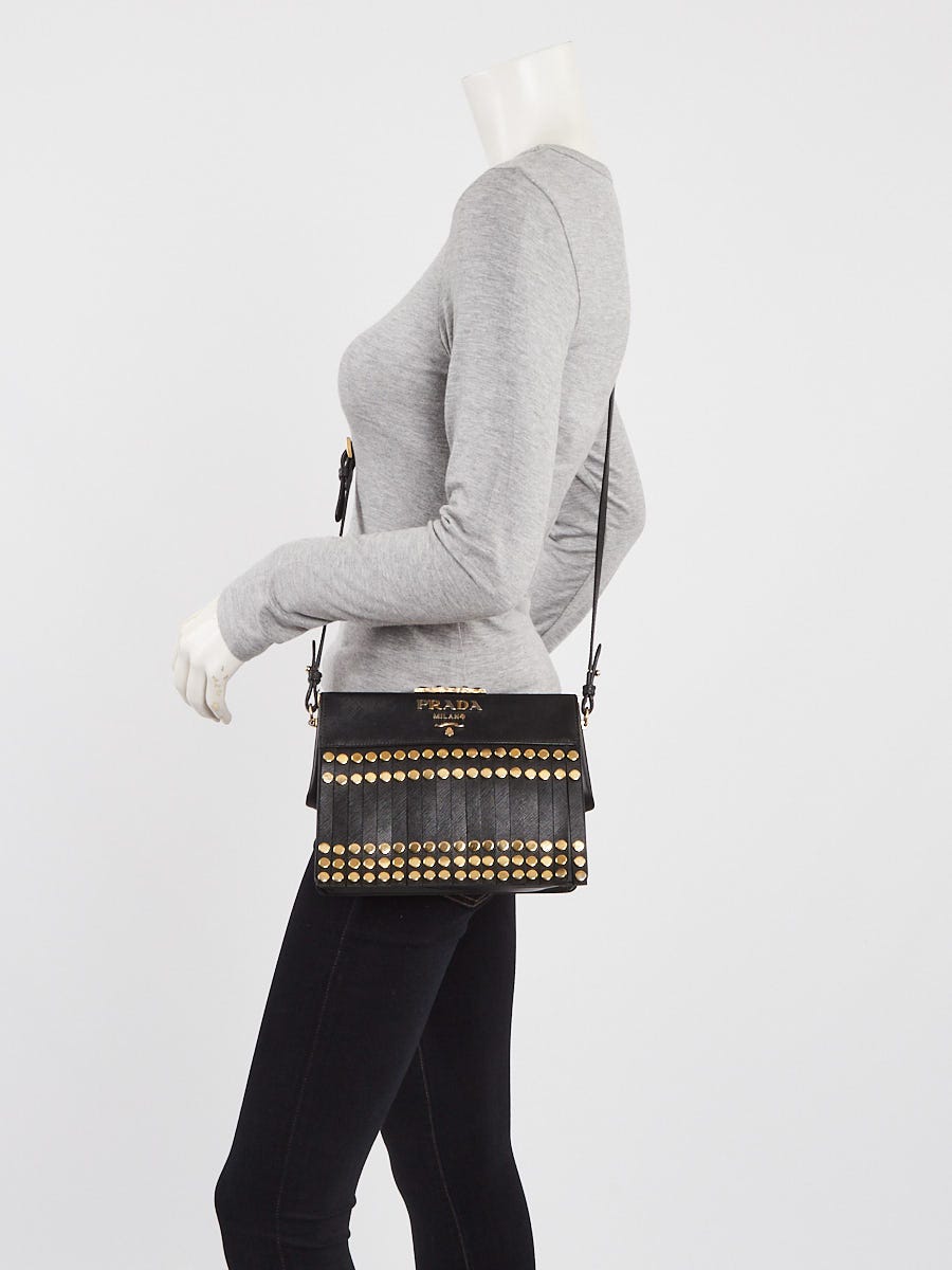 Prada Black Saffiano Lux Leather Studded Idol Shoulder Bag