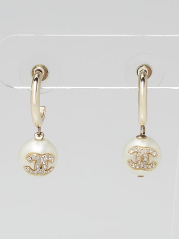 Chanel Goldtone Metal CC Crystal Faux Pearl Hoop Earrings