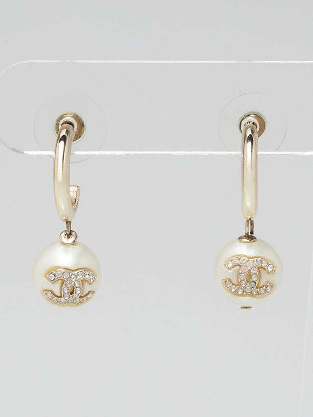 Chanel Goldtone Metal CC Crystal Faux Pearl Hoop Earrings