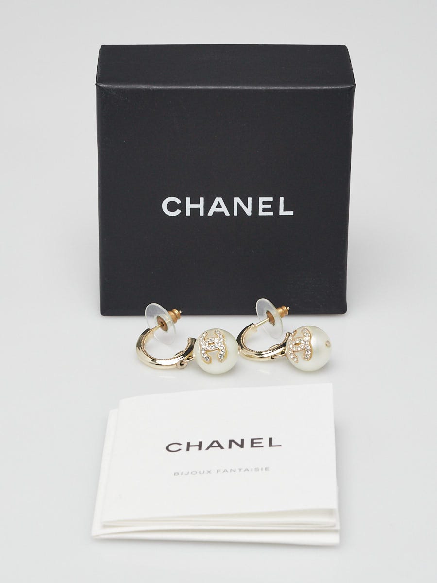Chanel Goldtone Metal CC Crystal Faux Pearl Hoop Earrings