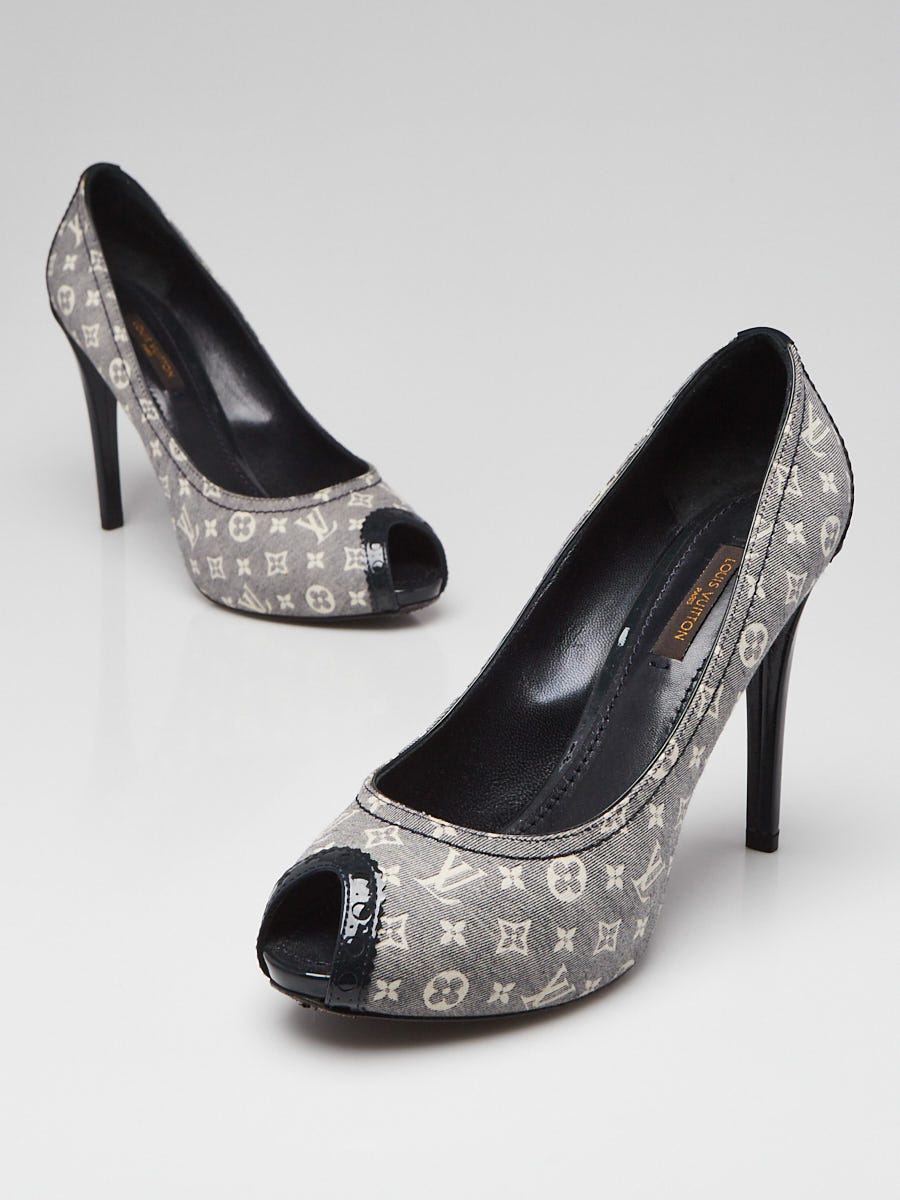 【吉】ルイヴィトン　モノグラムミニ　ポインテッドトゥハイヒール パンプス　37 Louis Vuitton Blue Monogram Mini Lin Peep-Toe Pumps Size 6.5/37