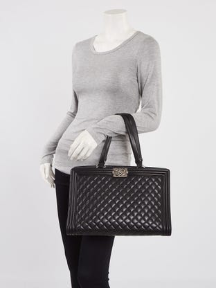 Chanel Black Patent Leather Boy Reverso Tote Bag - Yoogi's Closet