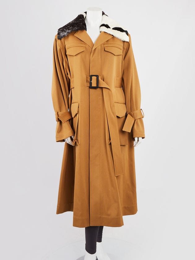 Proenza Schouler Brown Wool Twill Shearling Collar Trench Coat Size 6/44