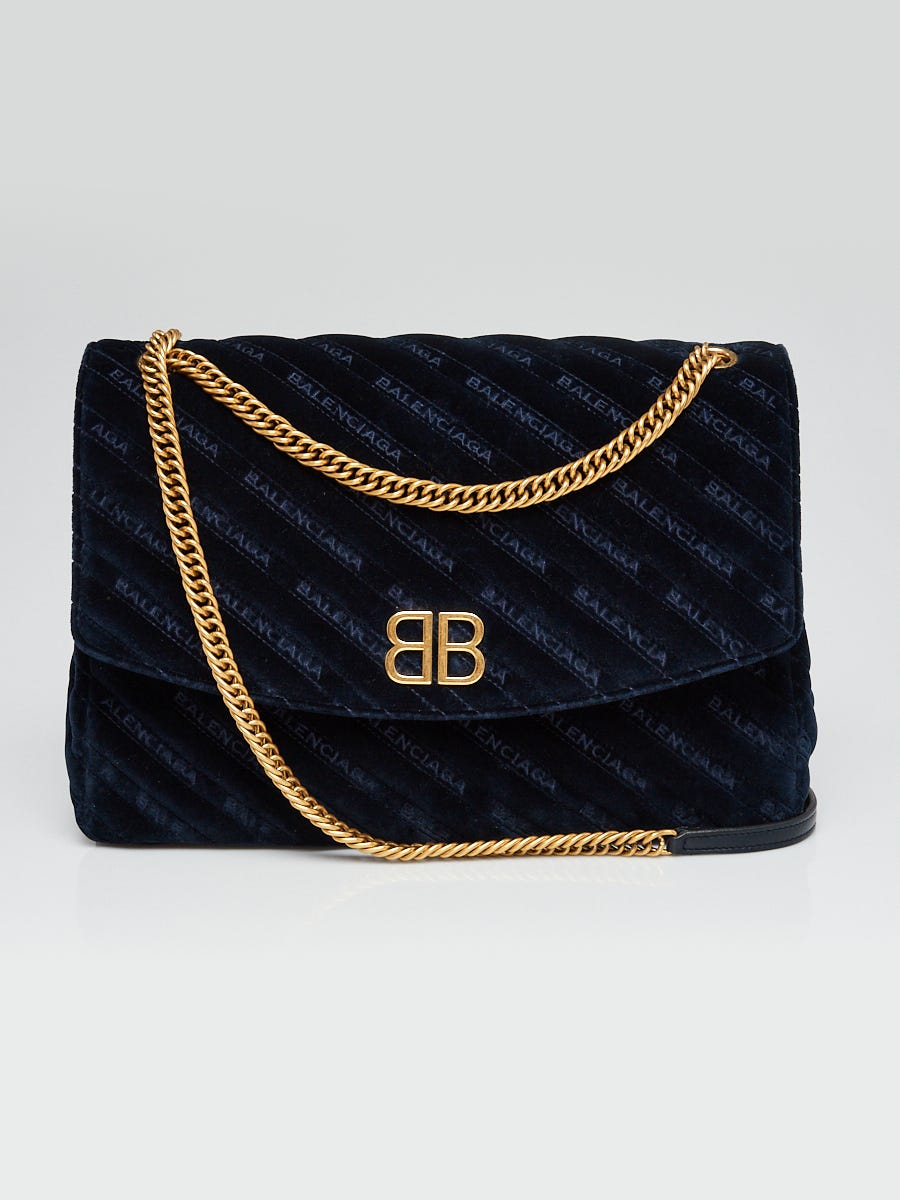 Balenciaga Blue Velvet BB Flap Shoulder Bag - Yoogi's Closet